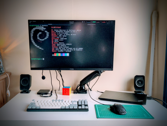 Photo of my desk setup with a single Dell monitor, Huanuo screen arm, Thinkpad laptop, Varmilo tenkeyless keyboard, Glorious mouse (wired) and two small Creative speakers at each back corner.
There is also a WD external harddrive and a GAN Speedcube on the desk.
The monitor is displaying the output of `neofetch` on Debian.