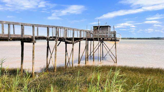 English text below after German text.

Ein hoher Holzsteg mit einem kleinen Holzhäuschen am Ende ragt in die trübe Gironde. Davor hohes Gras am Ufer, es ist nur leicht bewölkt, also teilweise blauer Himmel.

A high wooden jetty with a small wooden house at the end juts out into the murky Gironde. In front of it high grass on the shore, it is only slightly cloudy, so partly blue sky.