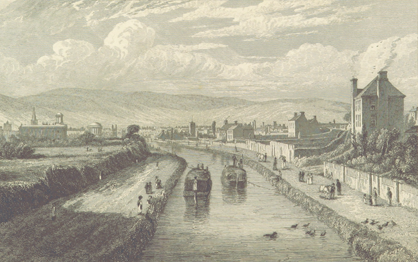 An 1837 print of a stretch of the Royal Canal at Phibsborough, Dublin, Ireland. Two barges, can be seen on the canal, one being pulled by a horse on the tow path.