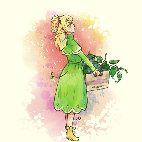 drawing of a character carrying a box of plants.