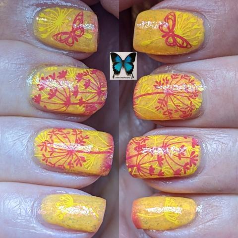 A pic of nails showing a thermal polish in its hot state of a sunset yellow, with dandelion flowers stamped in pink and yellow.