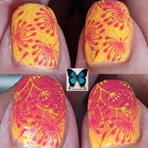 A pic of thumbs showing a thermal polish in both its cold and hot states, polish is sunset red cold and sunset yellow when hot. There are dandelion flowers stamped in yellow and pink.