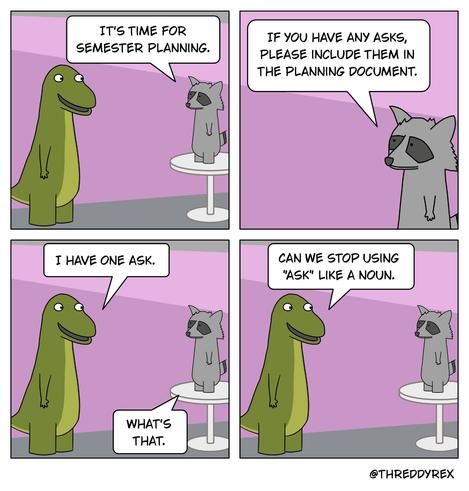 Threddy and Freddy chatting.

Panel 1
Freddy: It's time for semester planning.

Panel 2
Freddy: If you have any asks, please include them in the planning document.

Panel 3
Threddy: I have one ask.
Freddy: What's that.

Panel 4
Threddy: Can we stop using "ask" like a noun.