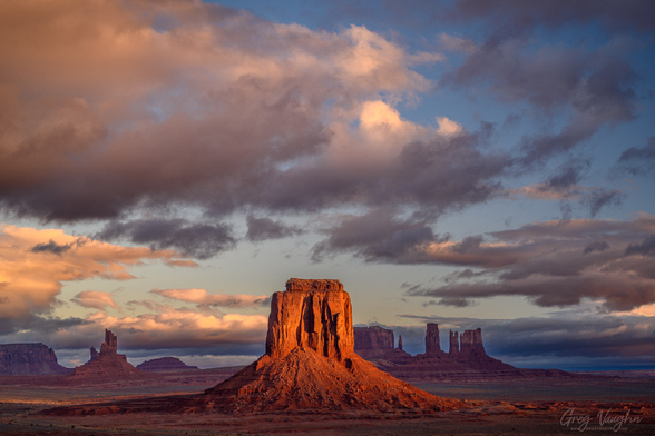 East Mitten Butte in Monument Valley Navajo Tribal Park with sunrise light on this sandstone butte