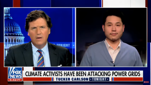 Far-Right grifter Andy Ngo on Tucker Carlson push conspiracy theory that 'climate activists' are behind various attacks on electrical grid.