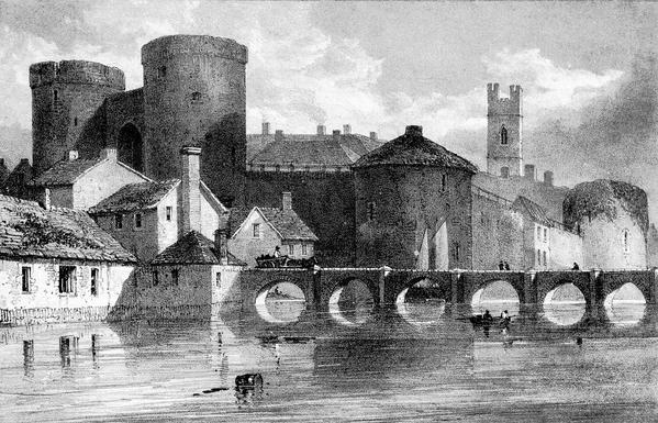 Thomond Bridge and King John's Castle (Caisleán Luimnigh) in Limerick (Luimneach), Ireland - a drawing by J. D. Harding, from "Picturesque Views of the Antiquities of Ireland", published in 1830.