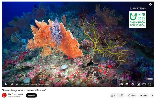 A brightly coloured underwater scene with orange & yellow corals, a black and white feather star, a wide range of pinks & reds, & clear blue water behind. Screenshot from YouTube video entitled "Climate change: what is ocean acidification", from The Economist, supported by The Nippon Foundation.