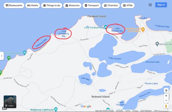 Google Maps screenshot of Rottnest Island showing Catherine Bay, Little Armstrong Bay, and Little Geordie Bay circled in red, the namesakes of the Space Quokkas.