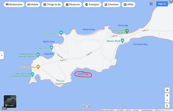 Google Maps screenshot of Rottnest Island showing Wilson Bay circled in red, the namesake of Wilson the tour guide quokka.