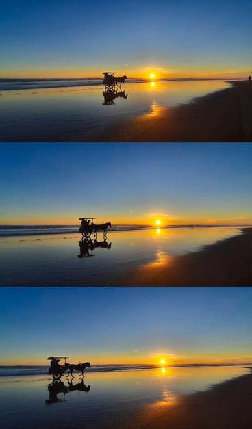 A silhouetted horse -drawn carriages on a beach at sunset passing on wide wet and reflecting sand, put together to a vertucal triptych.
