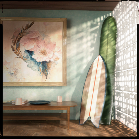 3d render of two surfboards in the corner of a room with light passing through a window