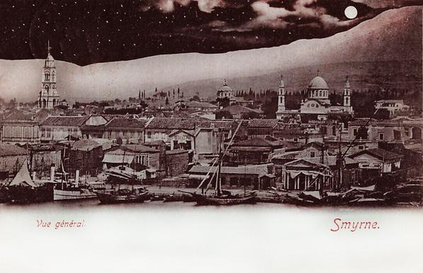 Smyrne Turkey nighttime Postcard, moon, moon light, city, building, skyline
