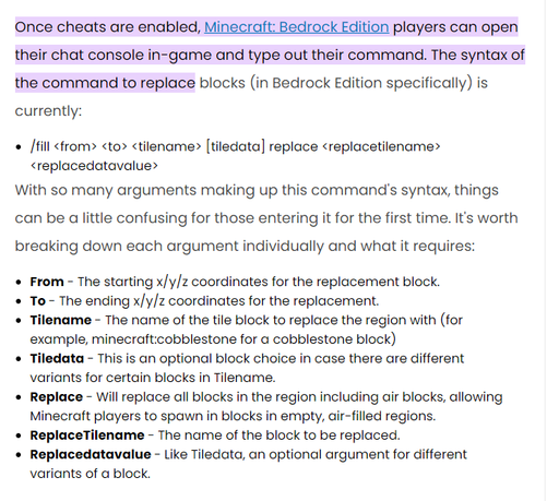 Descriptive text explaining a Minecraft fill/replace command.