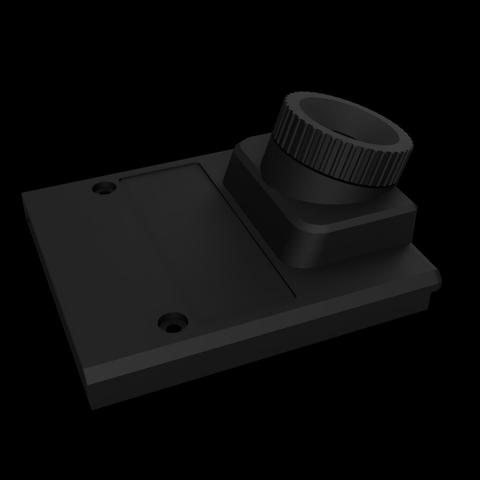 A render of a Game Boy Camera shell remade into the size of an ordinary Game Boy cart. The lens sticks out and has ridges for gripping and twisting for adjustable focus