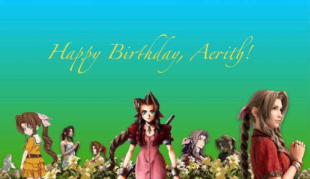 Various iterations of Aerith stand in a field of white and yellow lilies, under the text "Happy Birthday, Aerith!" in cursive yellow font. From left to right: Ifalna and baby Aerith (The First Soldier trailer), child Aerith (FFVII Remake concept art), teenage Aeriths (from Crisis Core render and Before Crisis concept art), adult Aeriths (FFVII and Ever Crisis  concept art), postmortem Aerith (Advent Children render) and adult Aerith (Remake render). The background has a blue-green gradient.