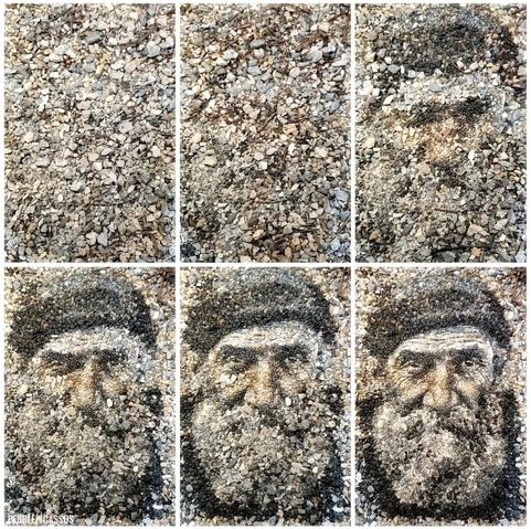 LandArt. 6 Pics, a "Making of" a 
Impressive Mosaic, laid from gray, black and yellow stones. It's a Portrait of a Fisherman.
The artist adds a quotation from Leo Tolstoy:
"A quiet secluded life in the country, with the possibility of being useful to people to whom it is easy to do good, and who are not accustomed to have it done to them; then work which one hopes may be of some use; then rest, nature, books, music, love for one's neighbor-such is my idea of happiness.'