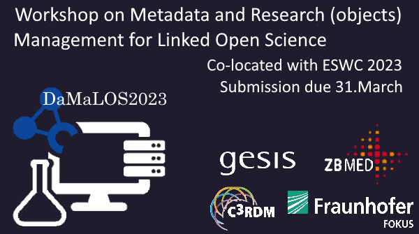 Advertising the Damalos 2023 workshop @ eswc 2023. Workshop on Metadata and Research (objects) management for Linked Open Science.