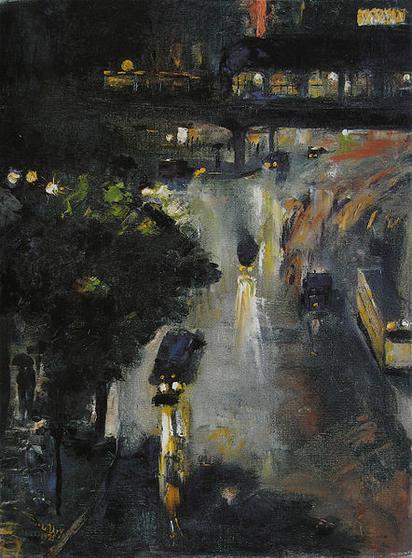 Lesser Ury: Nollendorfplatz bei Nacht, 1925. Ölgemälde: Durch eine verregnete, dunkle Nacht fahren Autos, deren Licht die Straßen zum glänzen bringt. Darüber die erleuchtete Hochbahn Station.
Nachweis von wiki commons folgt.