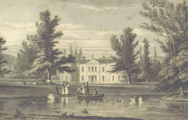 An 1837 print of the residence of Frederick Bourne, Esq., in Terenure, Dublin, Ireland. The large two-storey house is located in parkland with trees and a lake in front. There are ducks and swans on the lake and some people are on the lake shore and in a rowing boat.