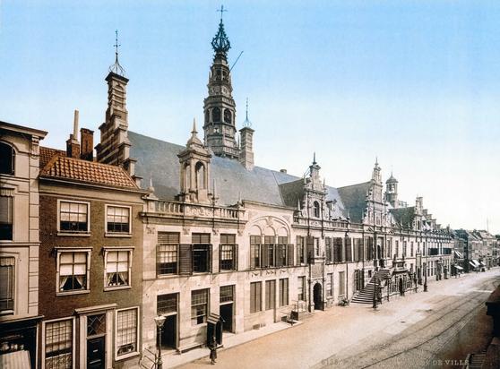 The City Hall (Stadhuis) in Leiden, the Netherlands - a vintage photochrom print from the 1890s. Digitally enhanced to compensate for fading.
