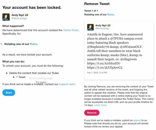 Screenshots of a Twitter notification showing that Andy Ngo's tweets violated the Twitter rules