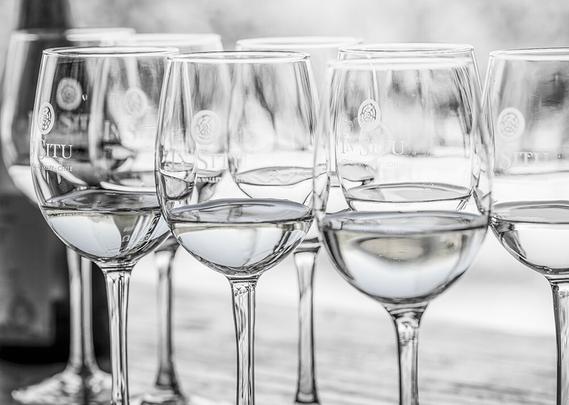 Wine glasses laid out for a wine tasting at a winery in Chile.