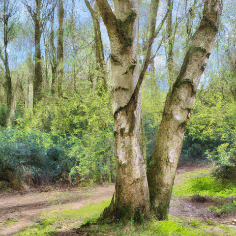 Artwork showing a silver birch tree, growing in the woodland