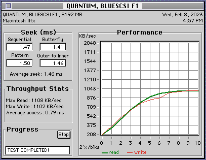 BlueSCSI benchmark using SCSI Director Pro 4.0:

Sequential Seek: 1.47ms
Butterfly Seek: 1.41ms
Pattern Seek: 1.50ms
Outer to Inner seek: 1.46ms
Max Read: 1108 KB/sec
Max Write: 1102 KB/sec
Average access: 0.79 ms