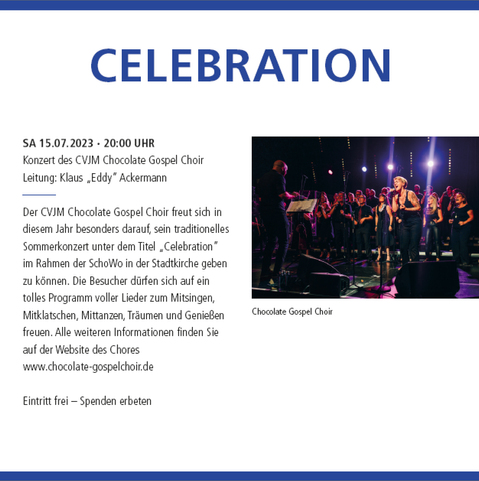 #concert #highlights #Konzert-#Programm 2023 der #Stadtkirche #Schorndorf​

Eintritt frei – Spenden erbeten

SA 1.7. 15 UHR
(Martin-Luther-Haus)
Konzert des Schorndorfer Kinderchors

SA 15.7. 20 UHR
(Stadtkirche Schorndorf)
Konzert #CVJM Chocolate #Gospel #Choir​
Leitung: Klaus „Eddy“ Ackermann

SO 16.7. 11:15 UHR
(Stadtkirche Schorndorf)
#Orgel-#Matinée zur Schorndorfer Woche #SchoWo​
#Orgel-#Musik aus der #Ukraine, #Russland & #Deutschland (#Bach+#Reger)
#TarasBaginets, Orgel

#Musik #Kirche #Fun​