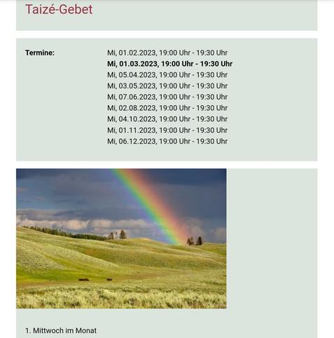 #Taizé-#Gebet​
1. #Mittwoch im Monat 19:00-19:30 Uhr
#Stadtkirche #Schorndorf​

#Termine:
Mi, 4.1., 1.2., 1.3., 5.4., 3.5., 7.6., 2.8., 4.10., 1.11., 6.12.2023

#Veranstaltungsort:
Evang. Stadtkirche
Kirchplatz 1
73614 Schorndorf
​https://www.stadtkirche-schorndorf.de/veranstaltungen?title=taize-gebet&detail=635b795b1b88f&eventdate=635b79f40c46a

#Kirche #church #Gebet #prayer #Taize #Taizé​
#Event #Veranstaltung #Events #Veranstaltungen
#Stadtkirche #Schorndorf #Daimlerstadt 
#GottesSegen #GBU​