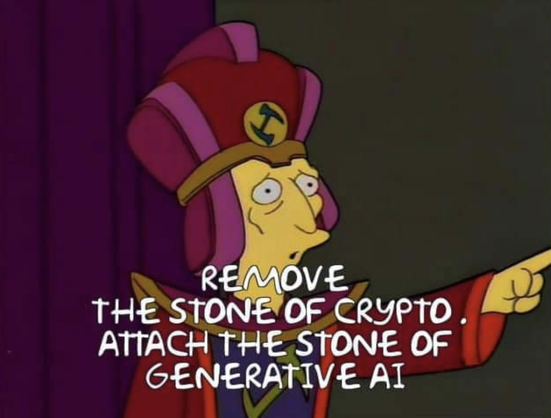 The Simpsons mason character saying "Remove the stone of crypto. Attach the stone of generative AI."