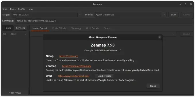 Zenmap 7.93 screenshot showing Nmap Output tab