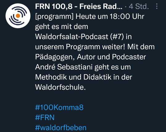 [programm] Heute um 18:00 Uhr geht es mit dem Waldorfsalat-Podcast (#7) in unserem Programm weiter! Mit dem Pädagogen, Autor und Podcaster André Sebastiani geht es um Methodik und Didaktik in der Waldorfschule.