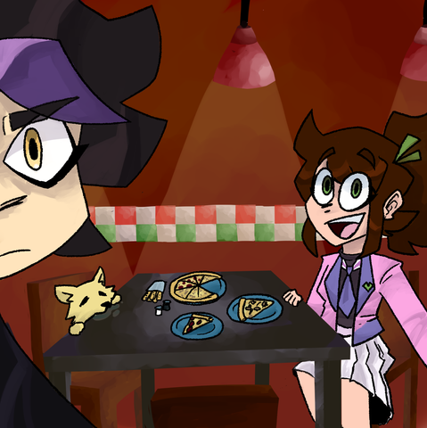 Ashika is taking a selfie. In the background is Akaei sitting at a table with various pizzas in front of her. Buttercup sits across from her, salivating at the thought of eating it all. Who let a dog into this gourmet Italian restaurant anyways?
