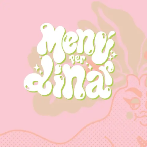 Fragmento de un story en el que se ve un rótulo que indica "Menú per dinar", las letras son blancas con sombra verde pastel. De fondo sale una ilustración de una mandrágora drag culona mirando de reojo de forma sassy.