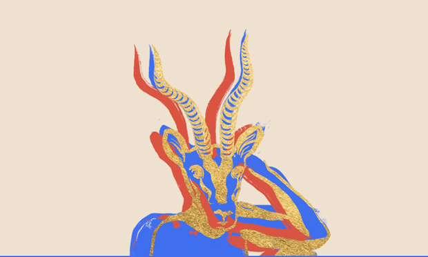 Image of the human shoulders and arm of a cobalt-blue woman who has a gazelle's head. It's loosely representational and is sketched in bold blue, red, and gold strokes on a light background. It is taken from the original poster's book cover, THE SKIN AND ITS GIRL, and was designed by Holly Ovendon.