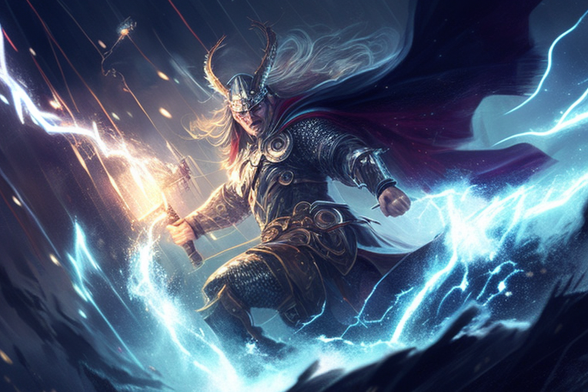#Thor the #God of #Thursday - A magnificent image of Thor, the mighty Norse God of Thunder, flying across the sky with Mjolnir in hand, ready to smite down any enemy in his path.