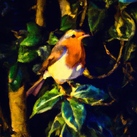 A robin bird in a bay hedge at night
