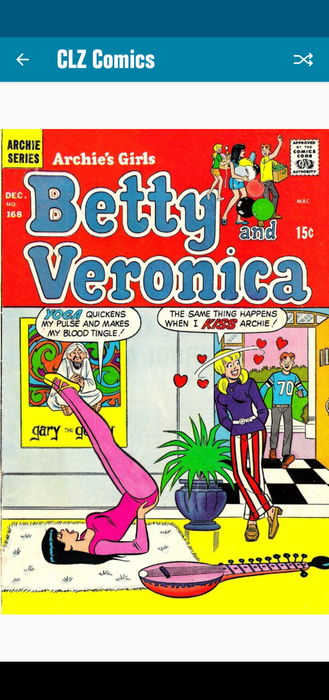 Archie Andrews is just entering the Lodge mansion where Betty Cooper is leaning against a wall next to a houseplant wearing a purple top with red and white striped pants and brown loafers. Veronica Lodge is nearby on a white rug on the floor with her legs raised wearing a pink yoga outfit with yellow shoes next to a sitar with a poster on the wall featuring "Gary the Guru." Ronnie says, "YOGA quickens my pulse and makes my blood tingle!" Betty, turning towards Archie with red hearts circling her head replies, "The same thing happens when I KISS Archie!"