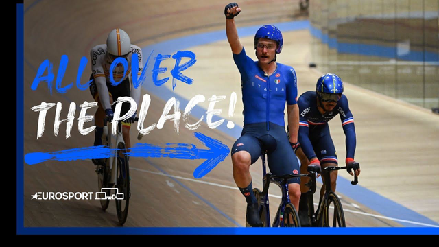 Simone Consonni nella corsa a punti ai Campionati Europei di Ciclismo su Pista a Grenchen 2023