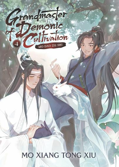 The cover for Grandmaster of Demonic Cultivation (Mo Dao Zu Shi) Vol. 4 by Mo Xiang Tong Xiu. It features the two leads, Wen Wuxian and Lan Wangji, seated underneath a tree, with Wei Wuxian sitting in the branches and Lan Wangji at the base. Wei Wuxian has a white rabbit with red eyes on his lap and is holding onto one end of Lan Wangji's forehead ribbon. Lan Wangji, on the other hand, is cradling a black rabbit in his arms and is gently petting it.
