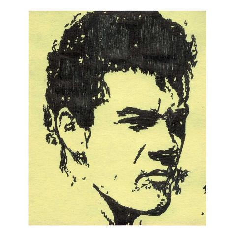 Pen drawing of a man with a furrowed brow drawn on a yellow Post-It note.