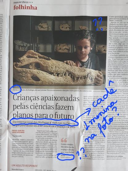 Newspaper talking about Kids in science, mentioning the importance of girls in  science, but including a huge picture of a boy
