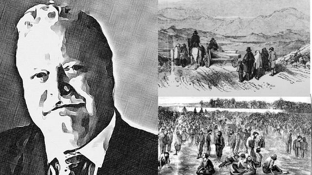 Composite image featuring black and white pen and ink drawings of Brian McCabe, Great Hunger refugees leaving Ireland, and imprisoned Civil War soldiers