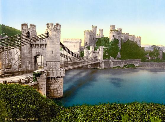 The Conwy Railway Bridge, in Welsh known as Pont Rheilffordd Conwy, and Conwy Castle in Wales - a vintage photochrom print from the 1890s.