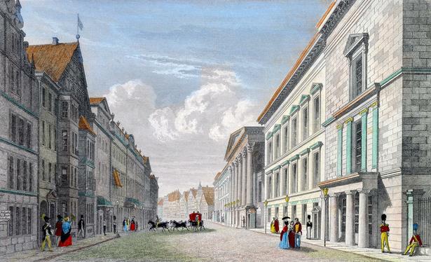 Altes Palais (Old Palace) & the Leineschloss (Leine Palace) in Hanover, Germany - a coloured steel engraving by Louis Hoffmeister from 1843, after a drawing by Georg Osterwald.