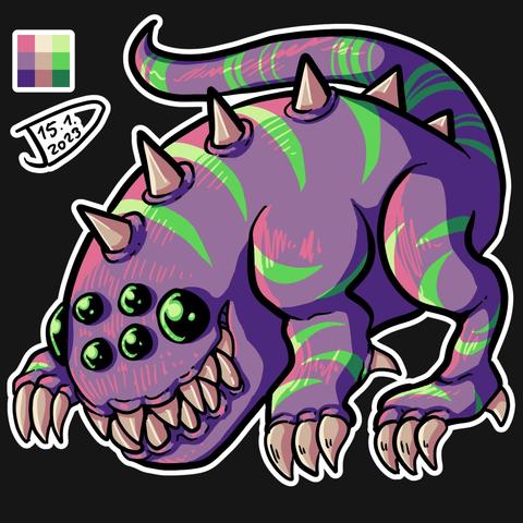a purple monster with six green eyes and stipes along its back. it has sharp claws and teeth.