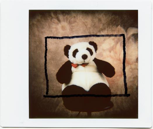 Instax photo of Andrew, the stuffed panda, sitting on a posing stool, with a rough sketch of the area of the viewfinder from the camera - it shows what the film sees is much wider than what the viewfinder sees.