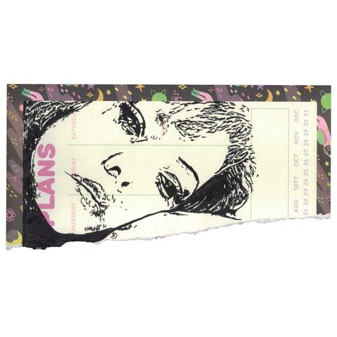 Pen drawing of the Japanese drag queen Peter looking wistfully drawn on a torn weekly planner.