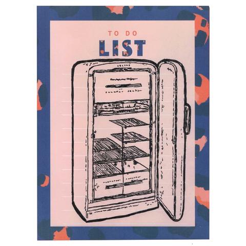 Pen drawing of an old-fashioned refrigerator on a piece of To Do List stationary.